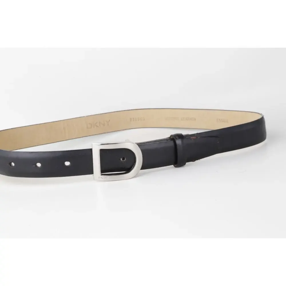 Vintage DKNY Black Genuine Leather Belt Brushed Silver D-Ring Horseshoe Buckle S